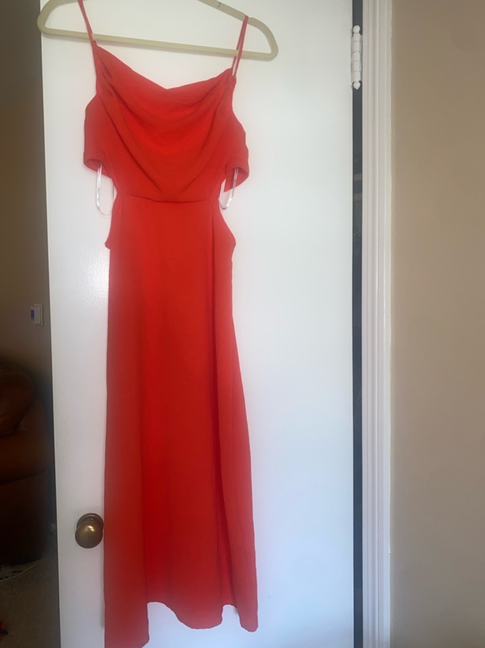 Orange Cowl Neck Spaghetti Strap Midi Dress. Back zip, side cut outs